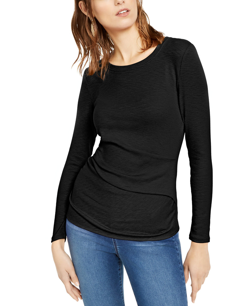 INC International Concepts Women Long Sleeve Draped T Shirt Deep Black