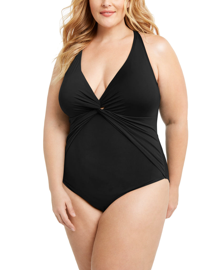 Bleu by Rod Beattie Women Plus Trendy Plunging Halter One Piece Swimsuit Black