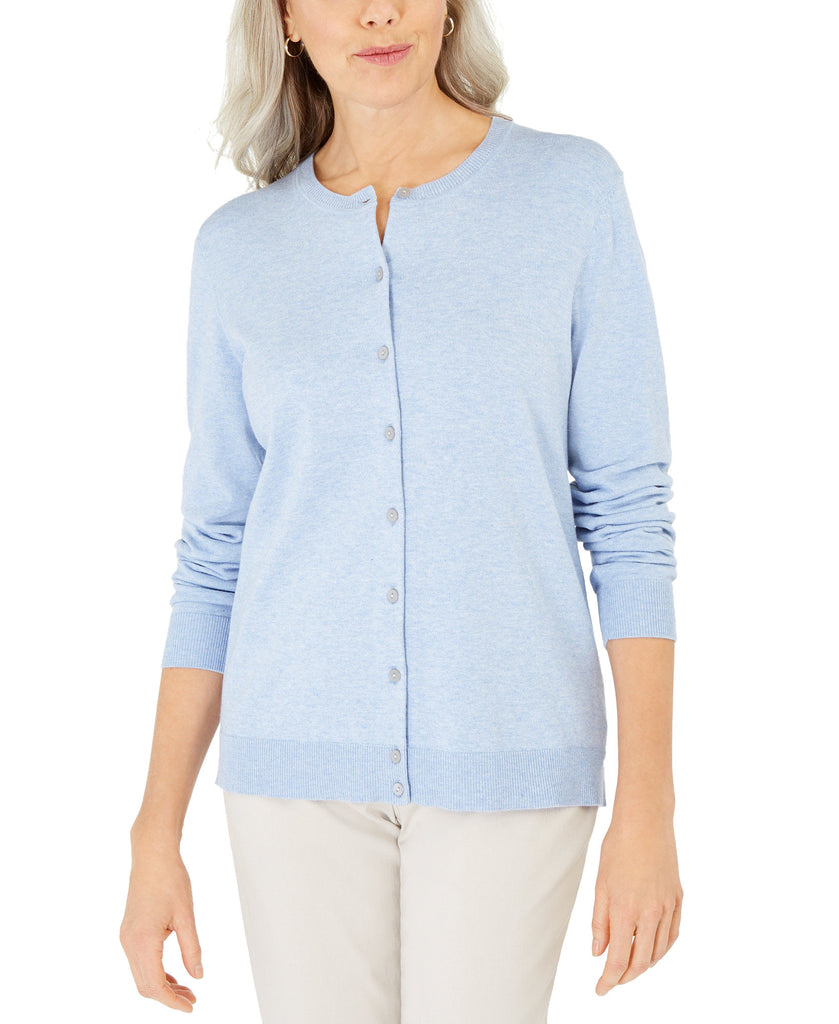 Karen Scott Women Crew Neck Cardigan Light Blue Heather