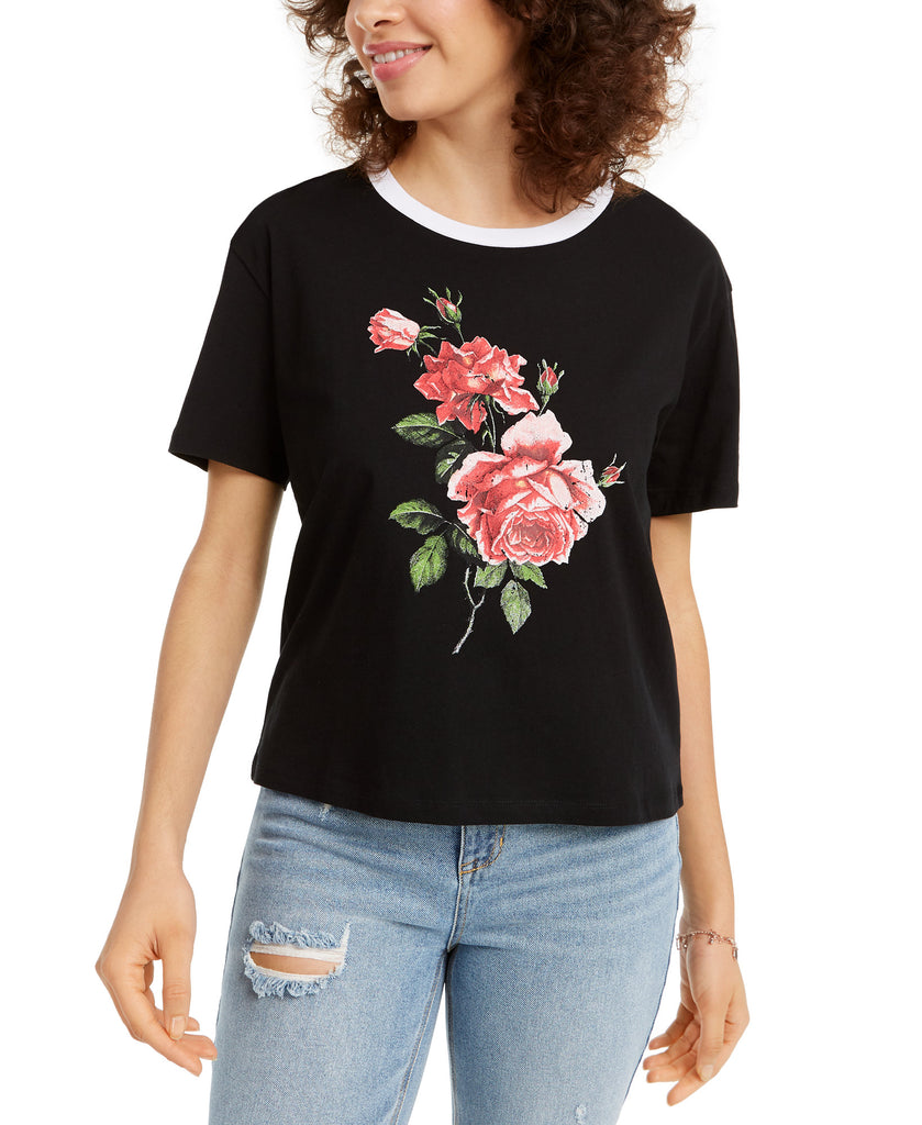 Rebellious One Womens Cotton Rose Graphic T Shirt Black