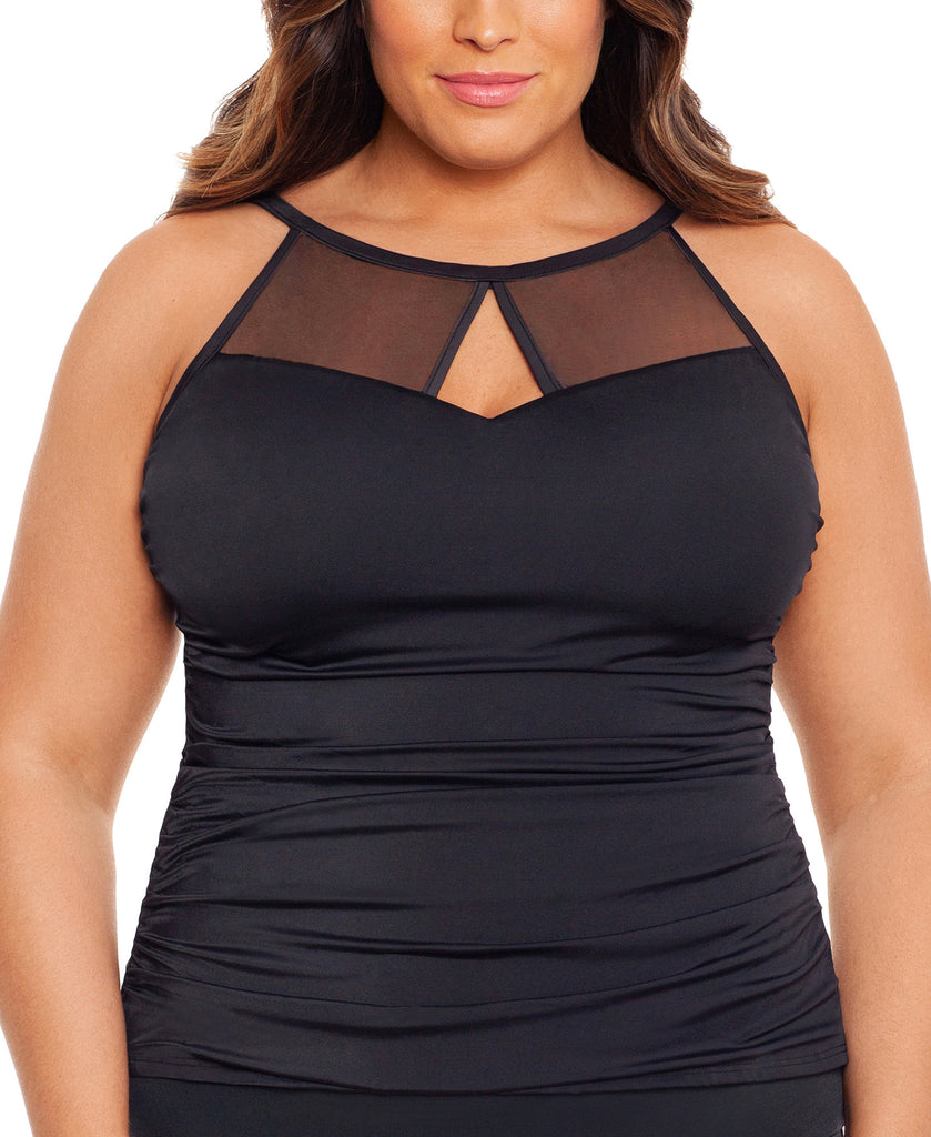 Swim Solutions Women Plus Mesh Trim Tummy Control Underwire Tankini Top Black