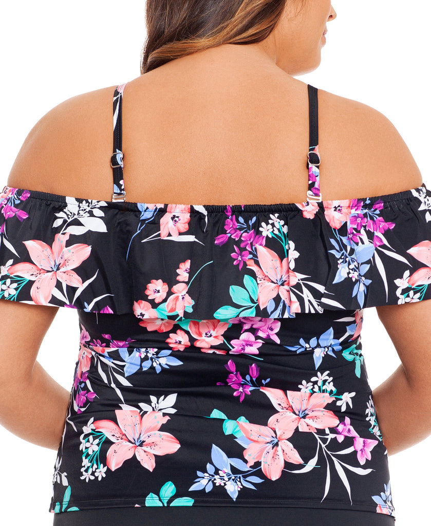 Swim Solutions Women Plus Printed Ruffled Off The Shoulder Tankini Top