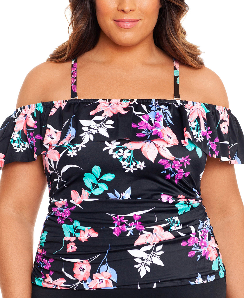 Swim Solutions Women Plus Printed Ruffled Off The Shoulder Tankini Top