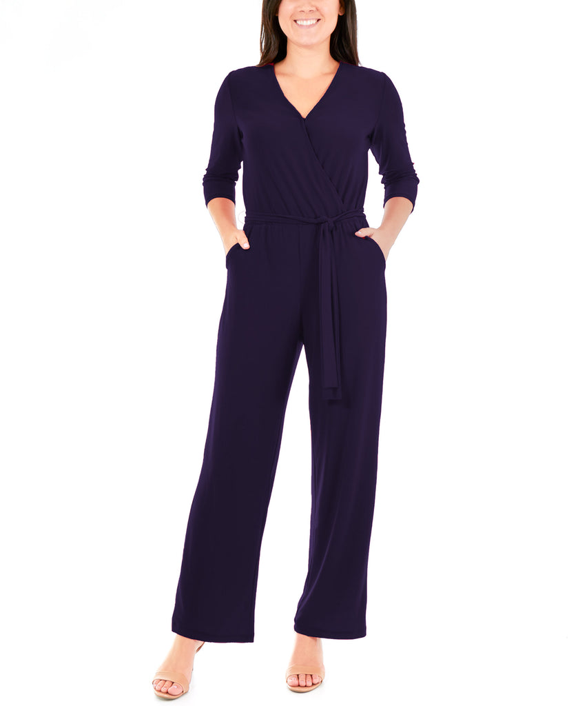 NY Collection Womens Petite Size Belted Jumpsuit Navy