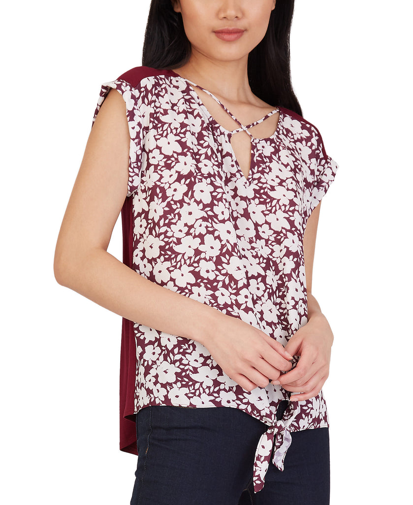 BCX Women Floral Print Criss Cross Tie Hem Top Burgundy Floral