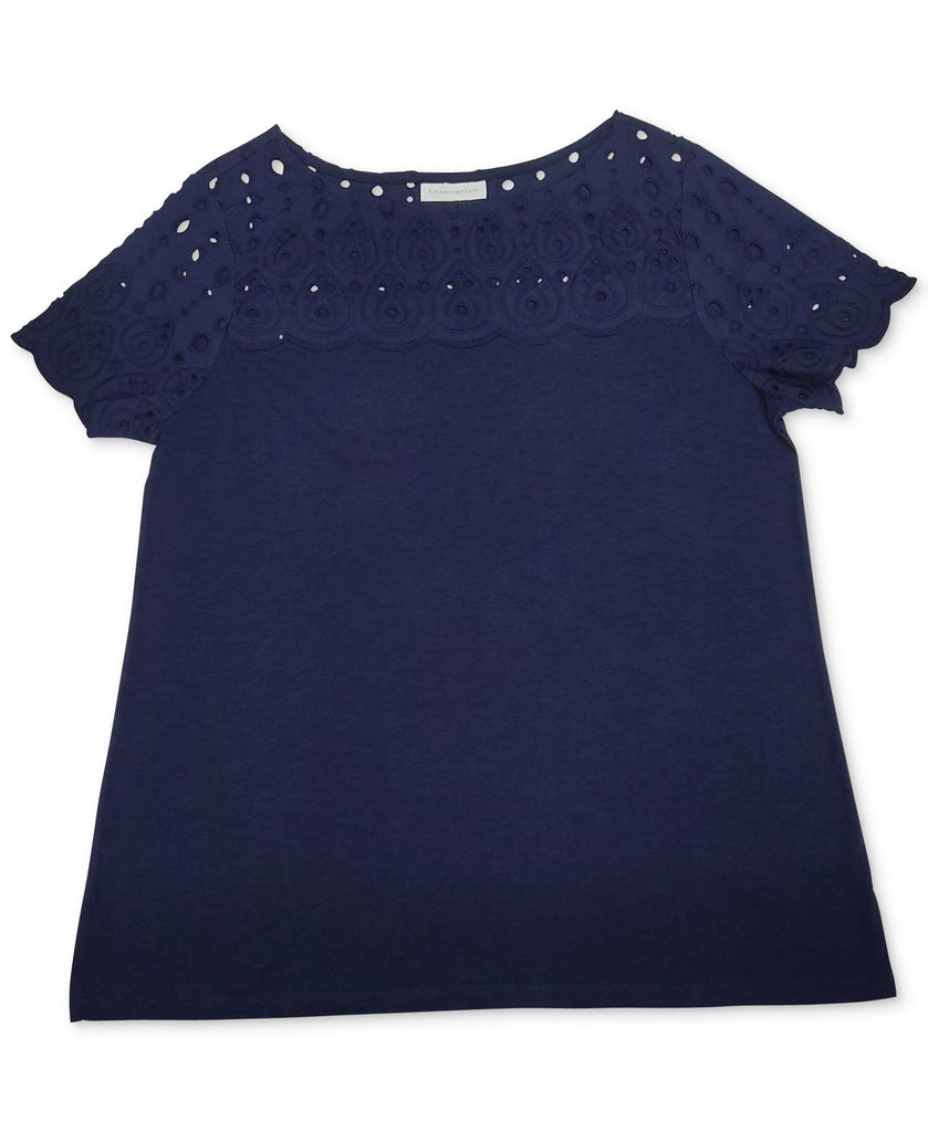 Charter Club Women Petite Cotton Eyelet Top Intrepid Blue