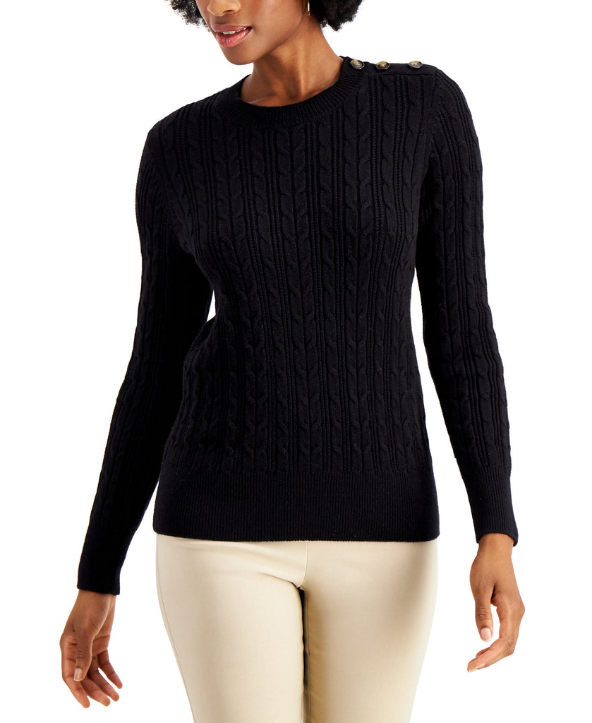 Charter Club Women Button Shoulder Sweater Deep Black