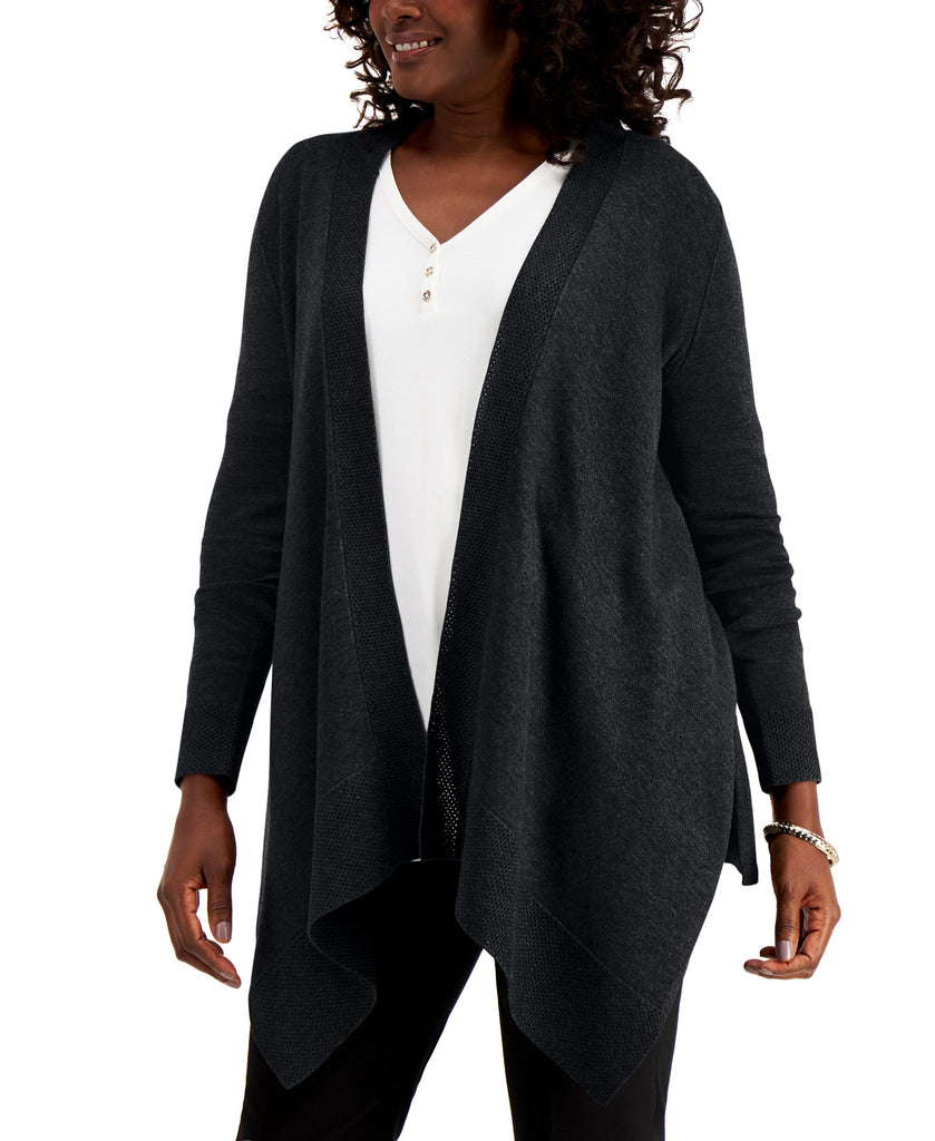 JM Collection Women Textured Hem Cascade Front Cardigan Deep Black