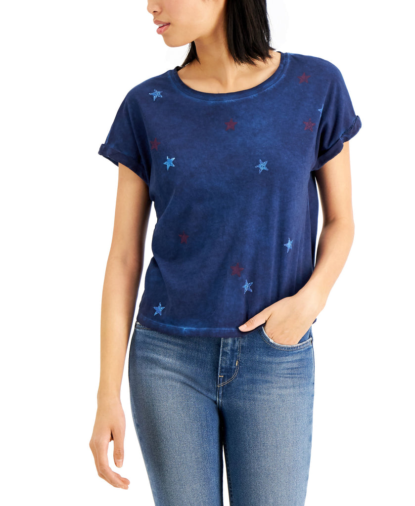 INC International Concepts Women Cotton Star Print T Shirt Indigo Sea