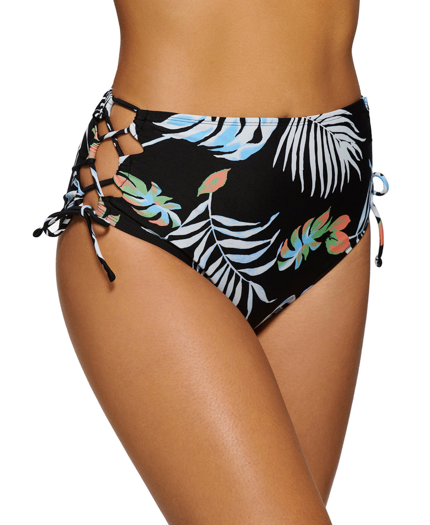 Hula Honey Women Aloha Breeze Lace up Side High Waist Bottoms Black Multi