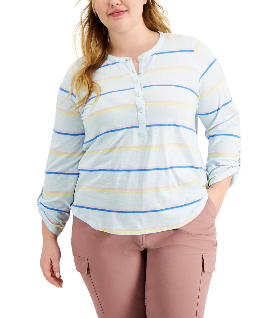 Style & Co Women Plus Cotton Striped Roll Tab Top Stripe Blue