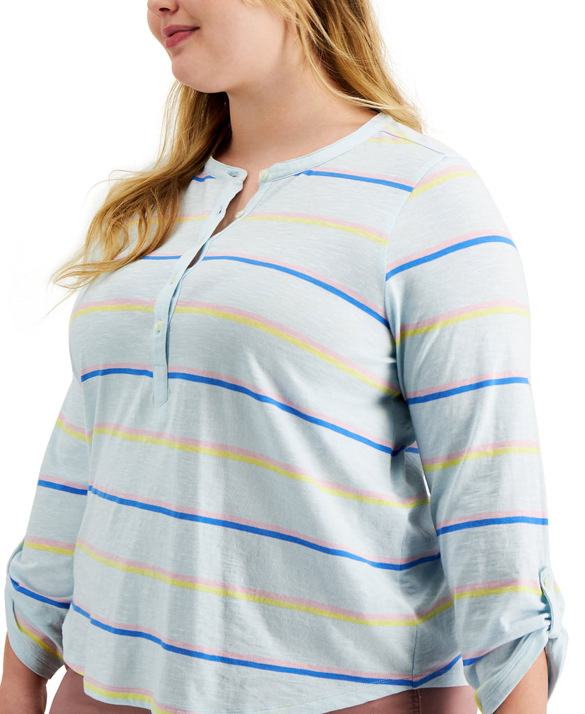 Style & Co Women Plus Cotton Striped Roll Tab Top