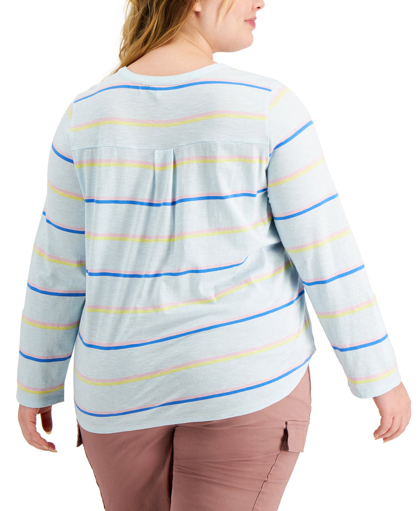 Style & Co Women Plus Cotton Striped Roll Tab Top