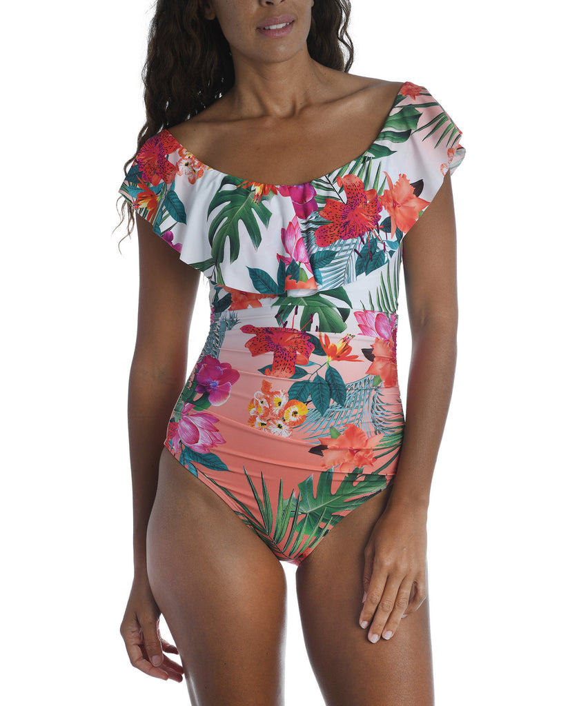 La Blanca Women Printed Off The Shoulder One Piece Swimsuit Bird Of Paradise