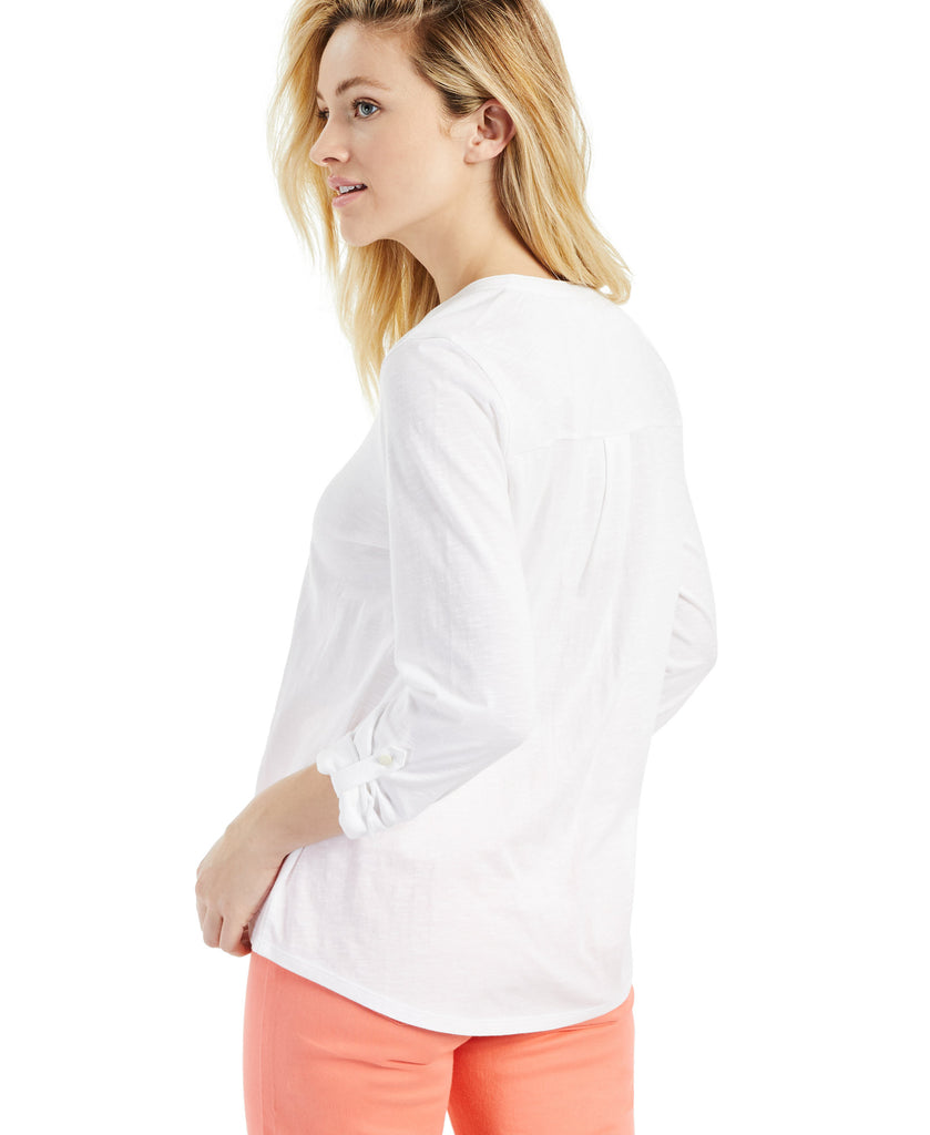 Style & Co Women Cotton Cuffed Sleeve Henley Top