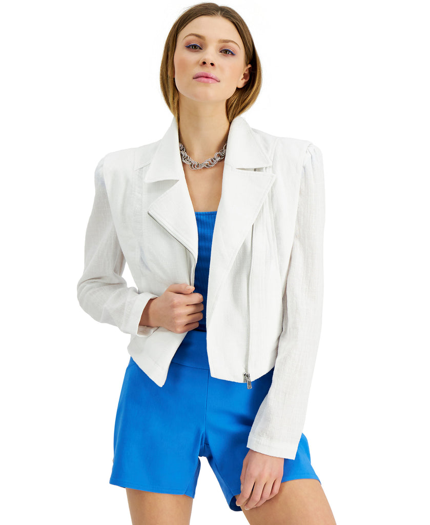 INC International Concepts Women Cotton Gauze Moto Jacket Bright White