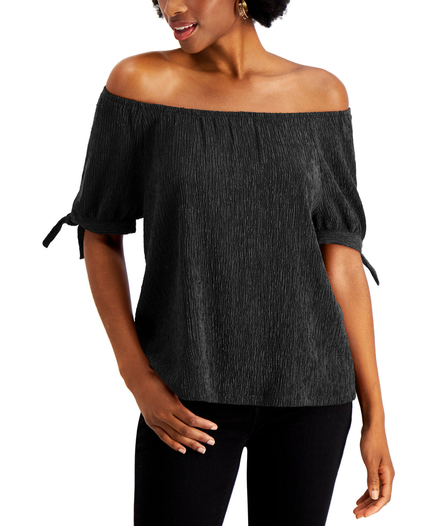 Style & Co Women Off The Shoulder Tie Sleeve Top Deep Black