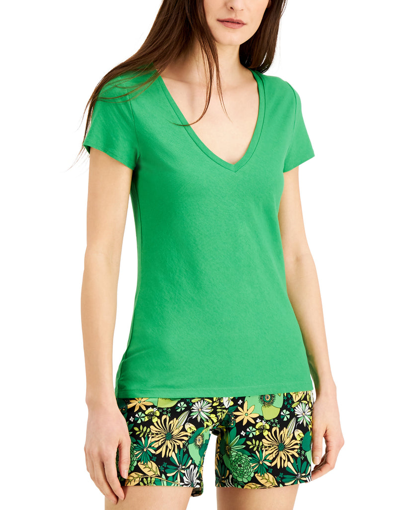 INC International Concepts Women V Neck T Shirt Green Emerald