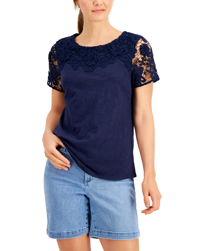 Charter Club Womens Petite Embroidered T Shirt Intrepid Blue