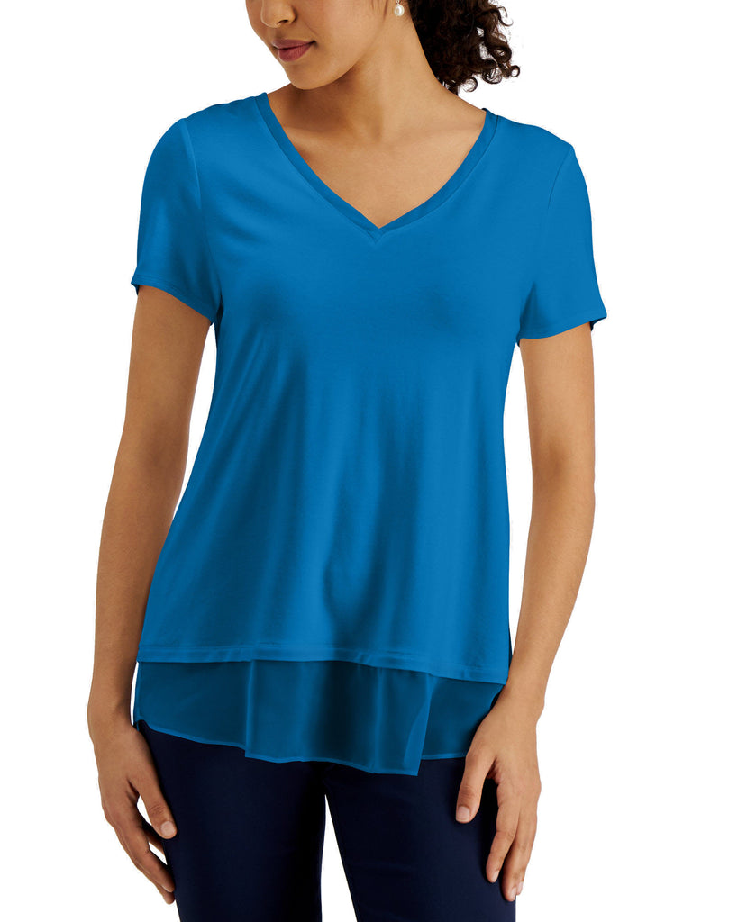 JM Collection Women V Neck Sheer Hem Top Indigo Bunting