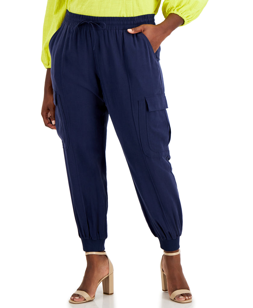 INC International Concepts Women Plus Utility Satin Jogger Pants Indigo Sea