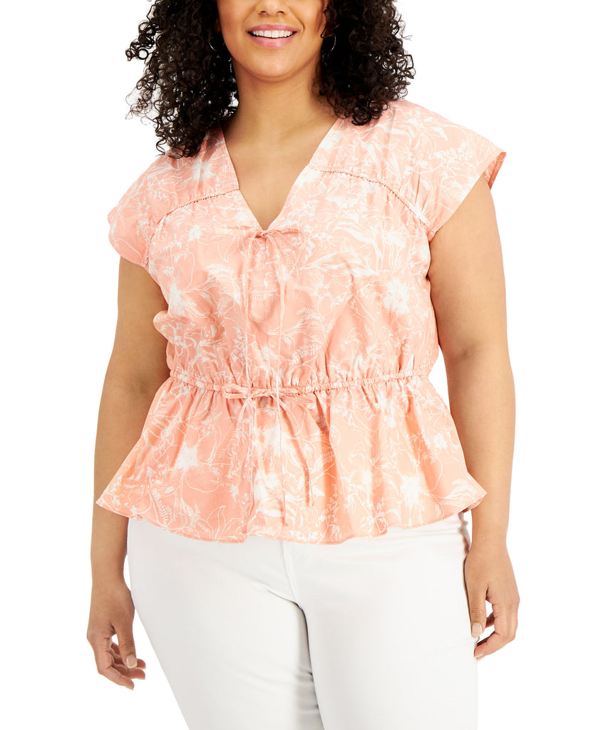 INC International Concepts Women Plus Petite Cotton Printed Ruched Seam V Neck Top Chroma Botanica