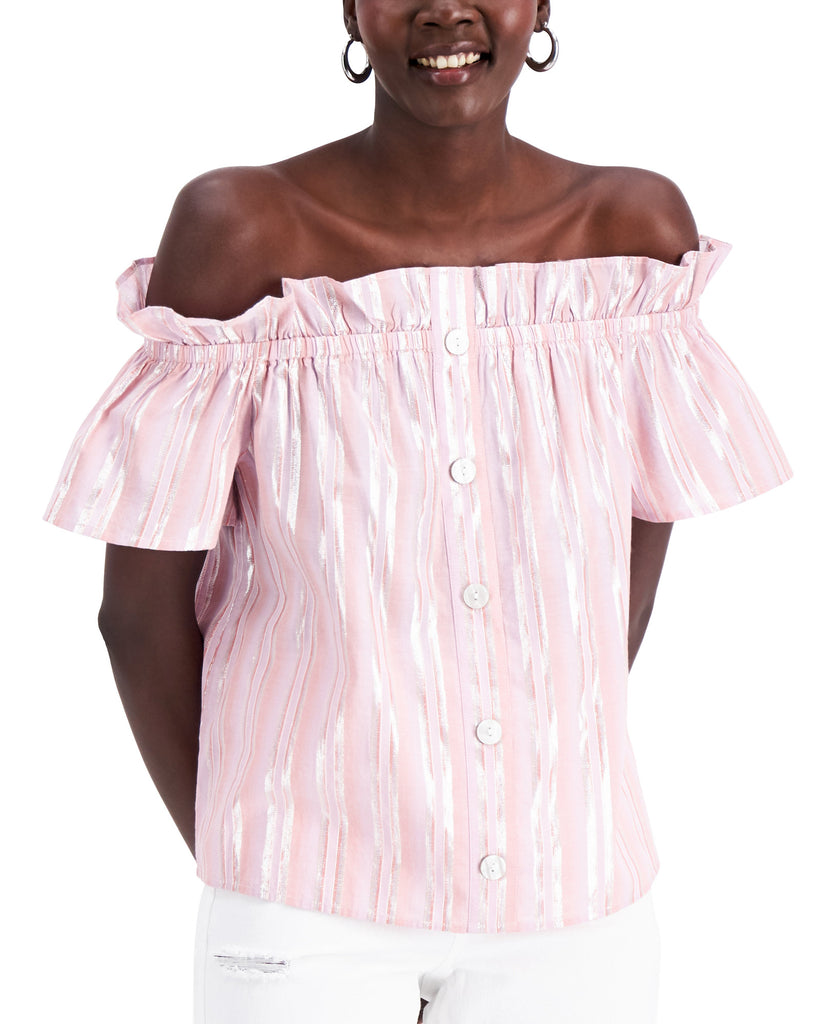 INC International Concepts Women Metallic Stripe Off The Shoulder Top