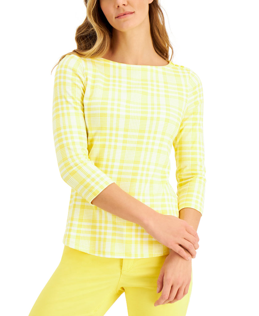 Charter Club Women Cotton Plaid Print Top Primrose Yellow Combo