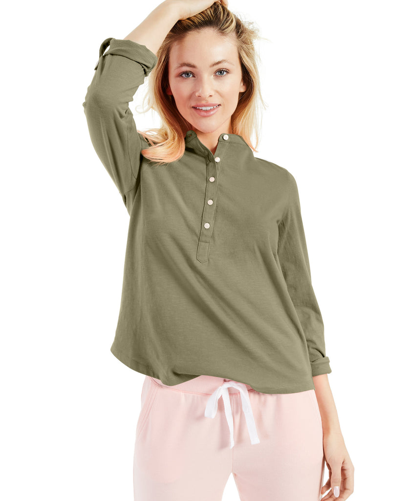 Style & Co Women Cotton Cuffed Sleeve Henley Top New Pale Sage