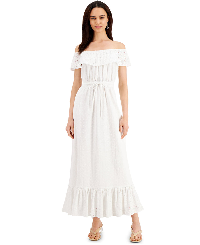 Style & Co Women Cotton Off The Shoulder Eyelet Maxi Dress Bright White