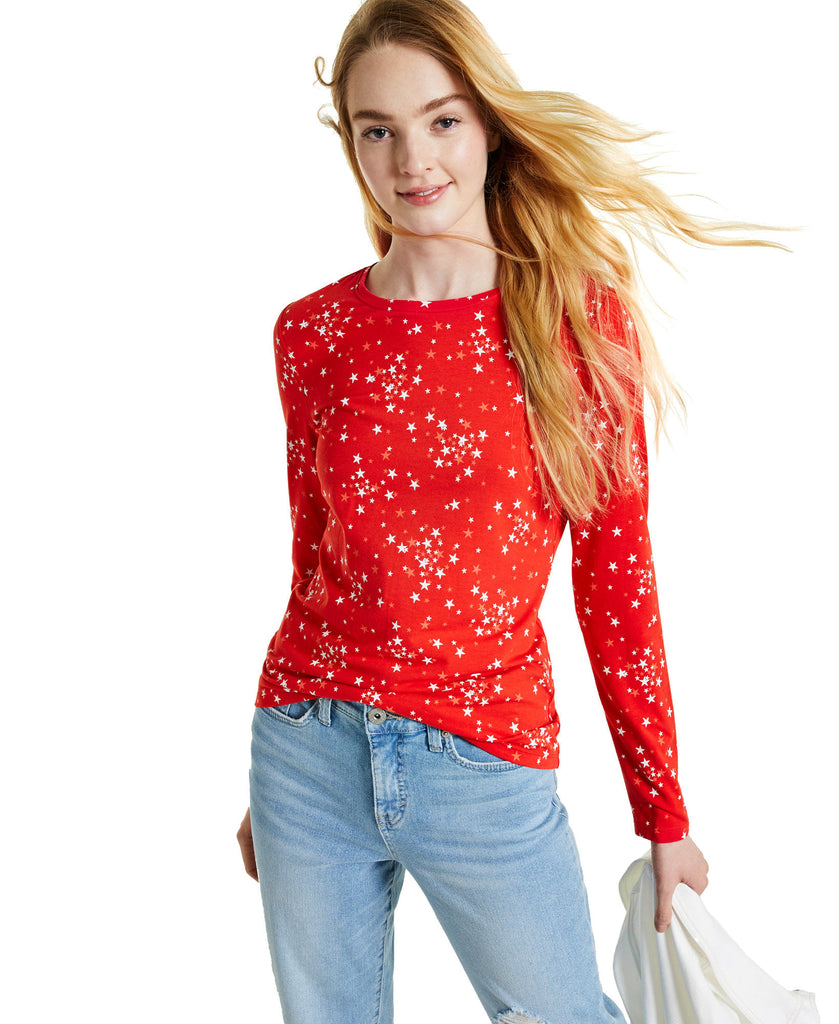 Style & Co Women Printed Long Sleeve Top Red Stars