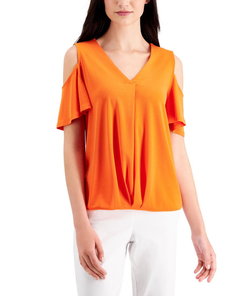 JM Collection Women Solid Cold Shoulder Top True Pumpkin