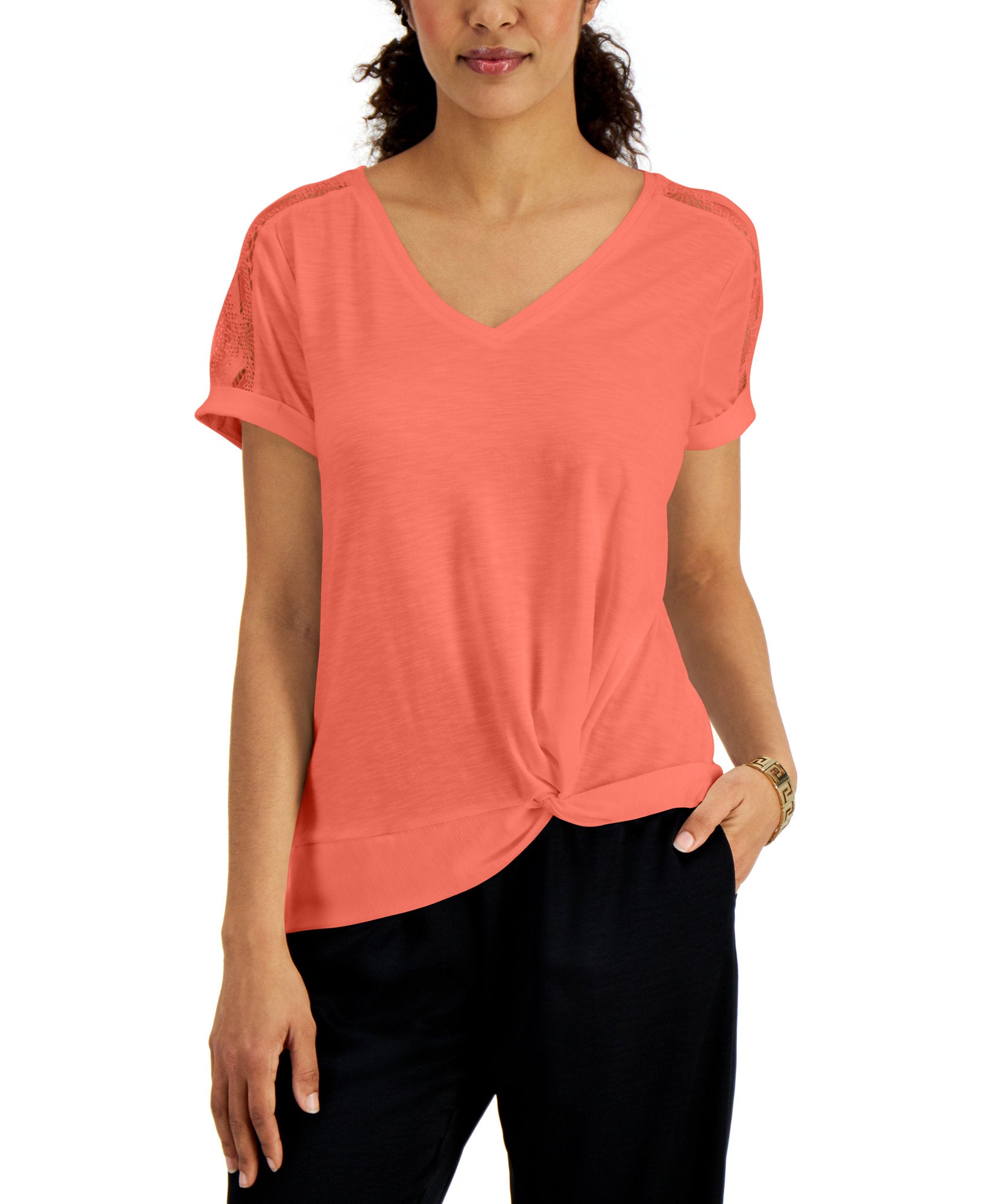 JM Collection Women Lace Shoulder T Shirt Coral Banks