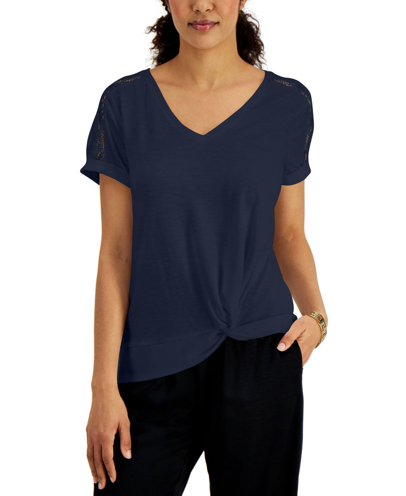 JM Collection Women Lace Shoulder T Shirt Intrepid Blue