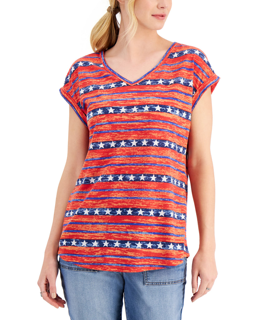 Style & Co Women Petite Star Stripe Printed T Shirt Stars Stripe