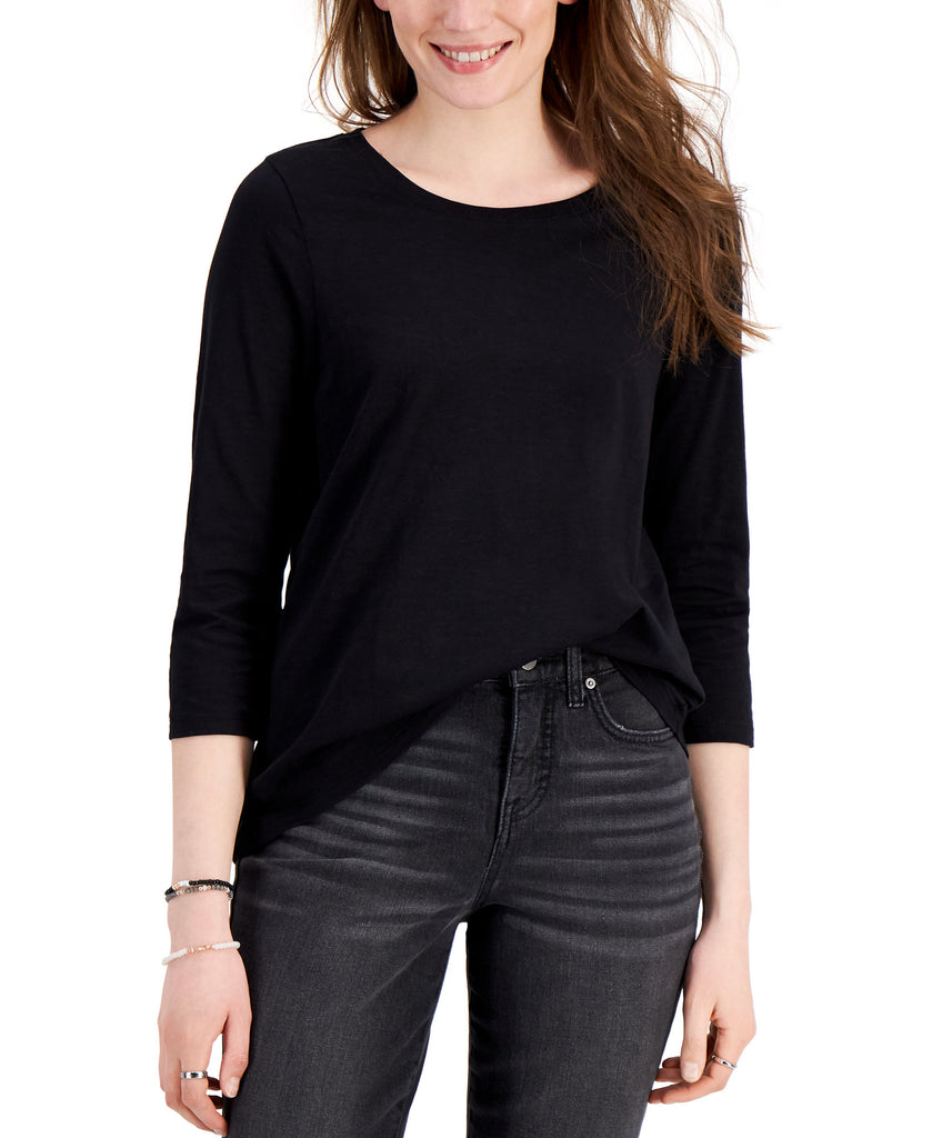 Style & Co Women Solid 3 4 Sleeve Cotton Top Deep Black