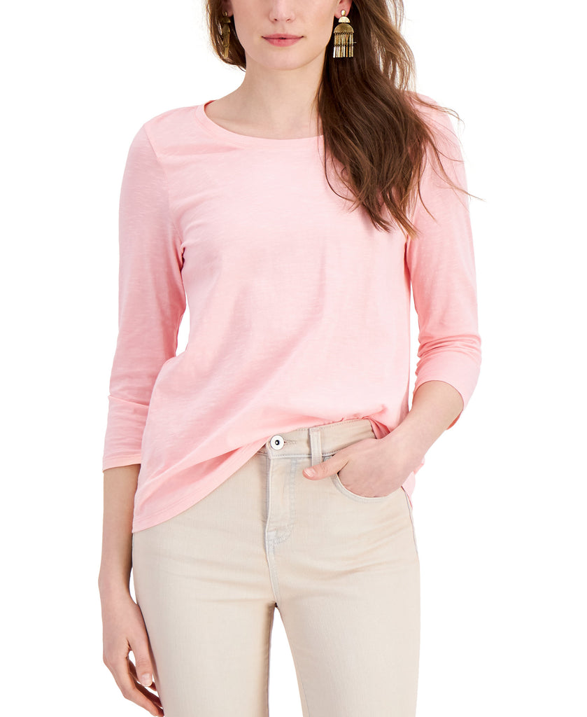 Style & Co Women Solid 3 4 Sleeve Cotton Top Pink Icing