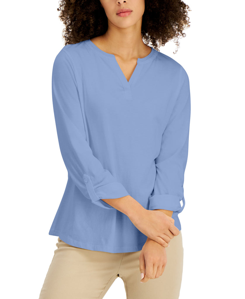 Charter Club Women Petite Split Neck Top Serenity