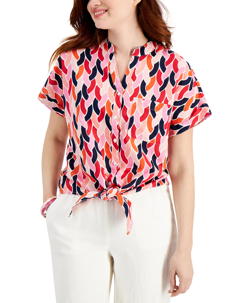 Charter Club Women Printed Tie Waist Top Bright White Combo