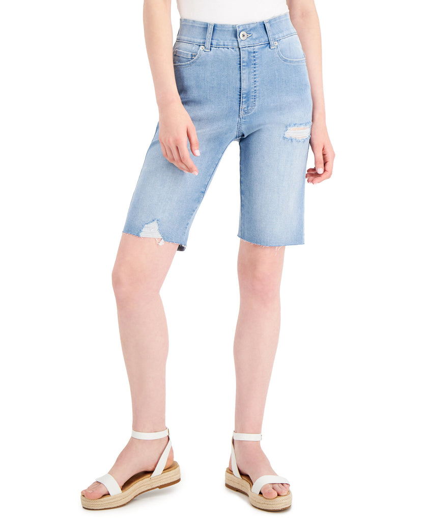 INC International Concepts Women High Rise Sculpting Fit Bermuda Jean Shorts Light Indigo