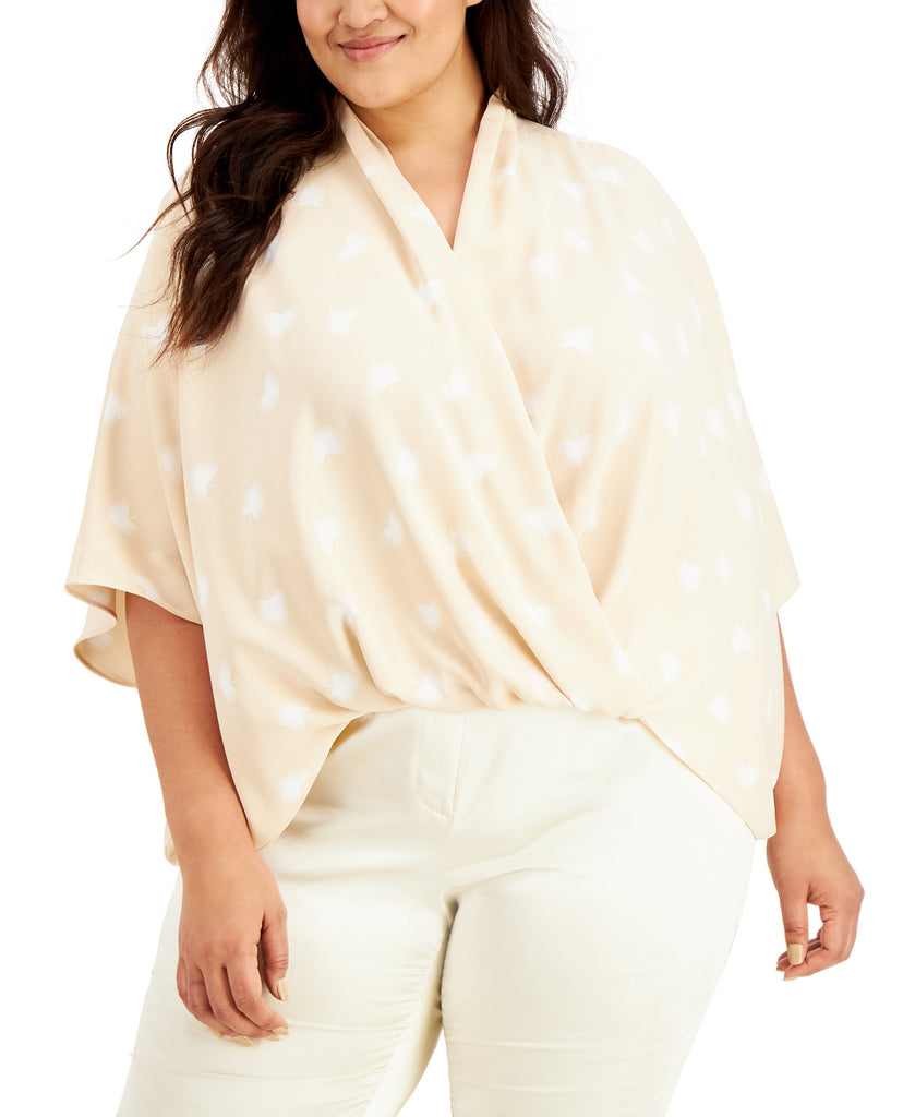 Alfani Women Plus Printed Surplice Top Neutral Leafy Toss