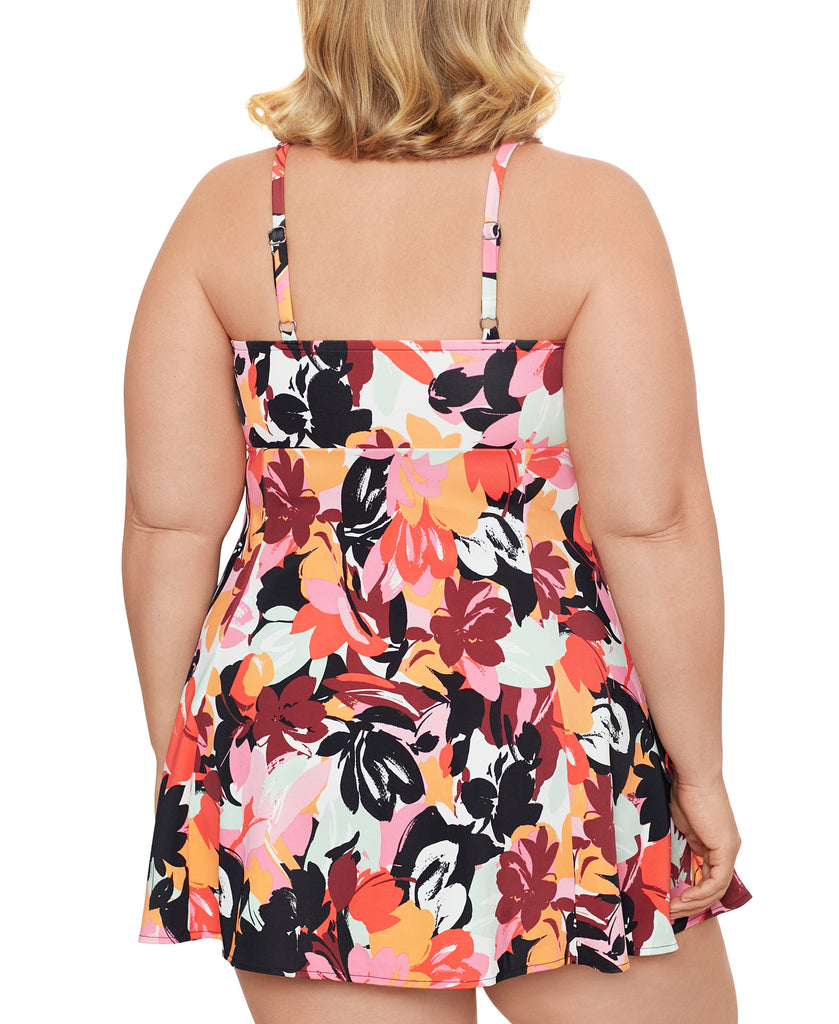 Swim Solutions Women Plus Printed Botanical Beauty Bow Front Tummy Control Swimdress