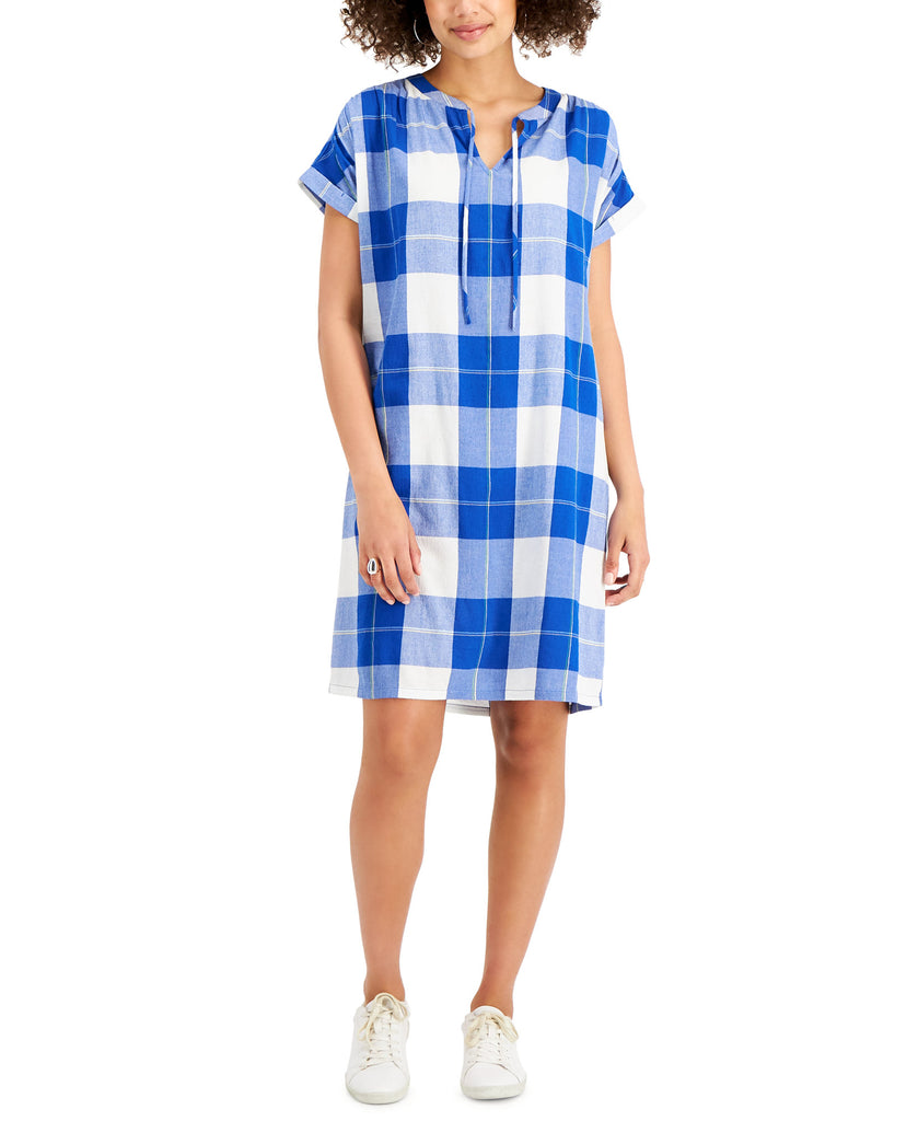 Style & Co Women Plaid Shirt Dress Deep Cobalt Com