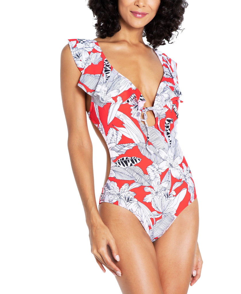 RACHEL Rachel Roy Women Island Getaway Tie Front Ruffle One Piece Swimsuit Red