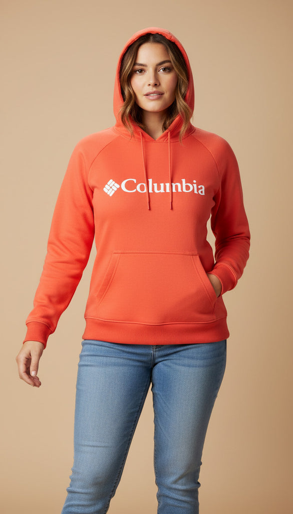 Person wearing a red Columbia hoodie on a beige background
