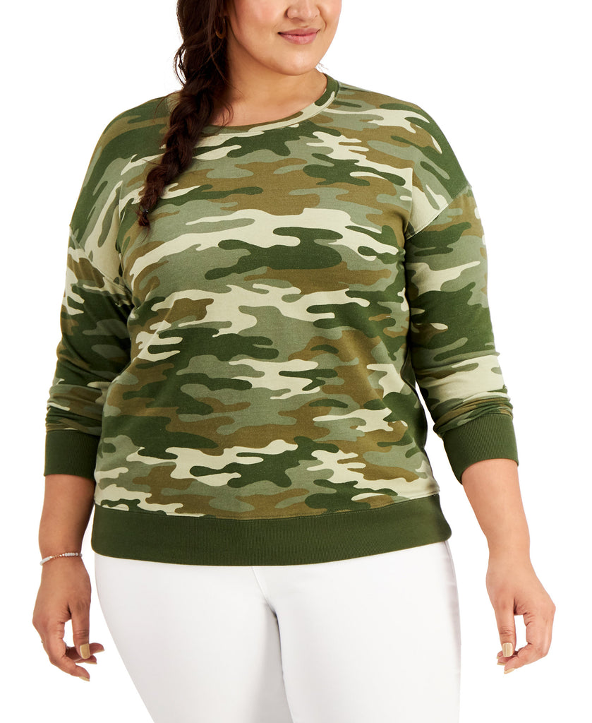 Style & Co Women Plus Camo Print French Terry Sweatshirt Camo Green