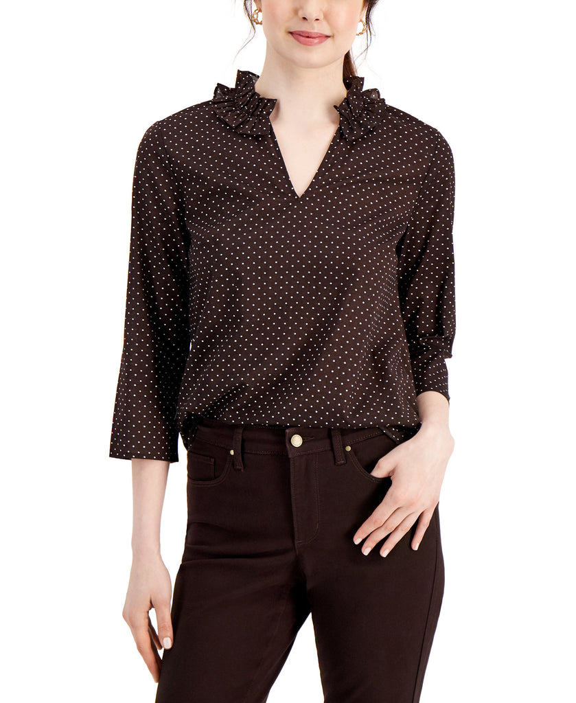 Charter Club Women Split Neck Printed Top Dark Chocolate Combo