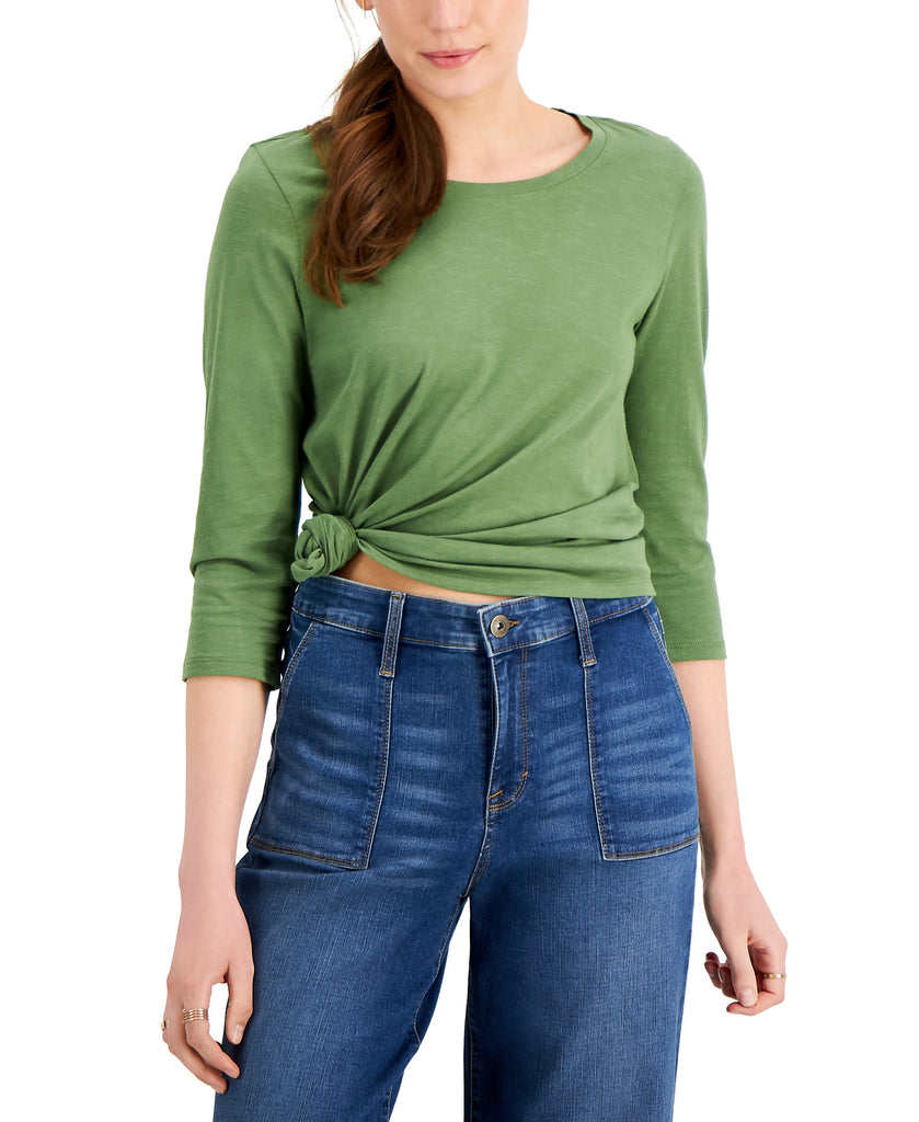 Style & Co Women Solid 3 4 Sleeve Cotton Top Vine Green