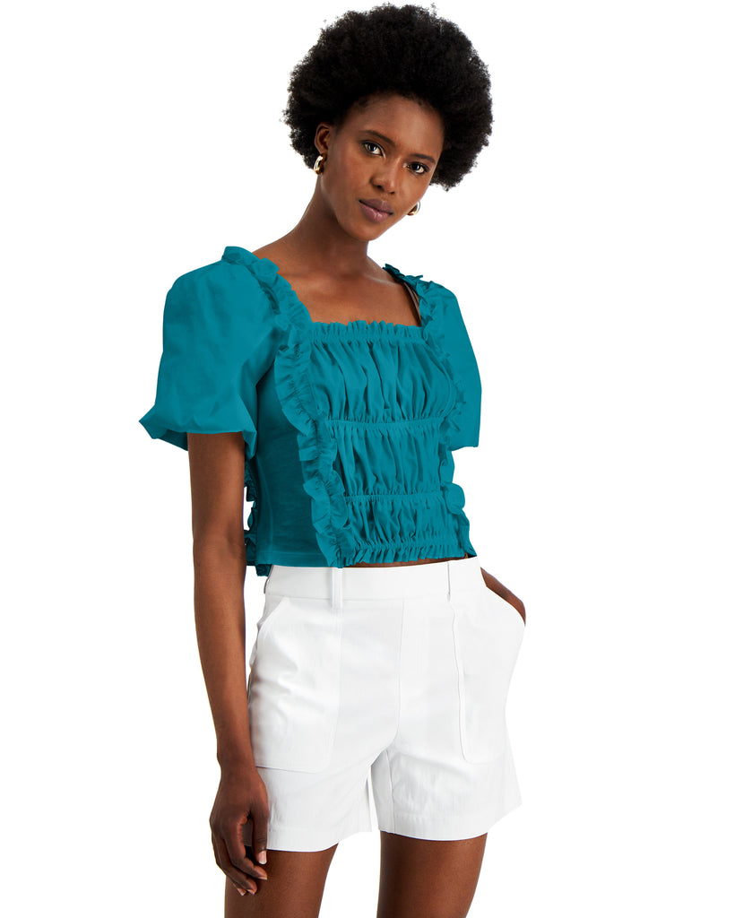 INC International Concepts Women Smocked Cotton Ruffle Top Aztec Teal