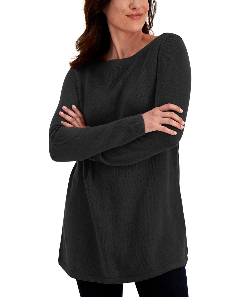 Karen Scott Women Solid Curved Hem Tunic Sweater Deep Black